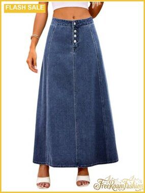 High Waist 4-Button Flare A-Line Maxi Denim Skirt with Pockets